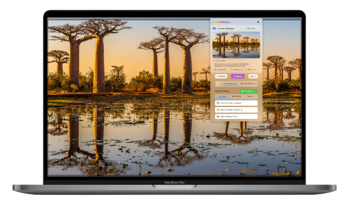 QuikWallpaper app running on MacBook Pro showing beautiful baobab tree wallpaper